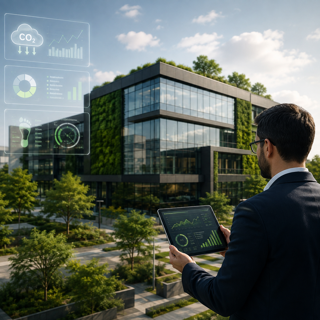Corporate facility showing floating paths for Scope 1 direct, Scope 2 indirect, and Scope 3 supply-chain emissions