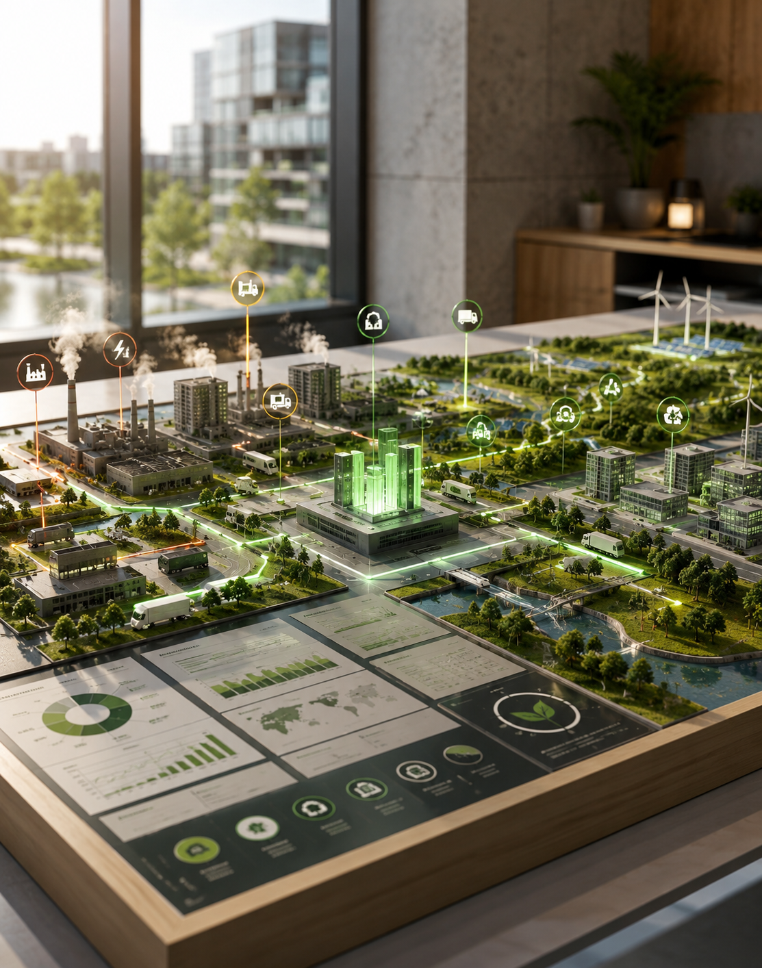 Clean energy solar fields and office complex showing carbon footprint reduction baseline tracking