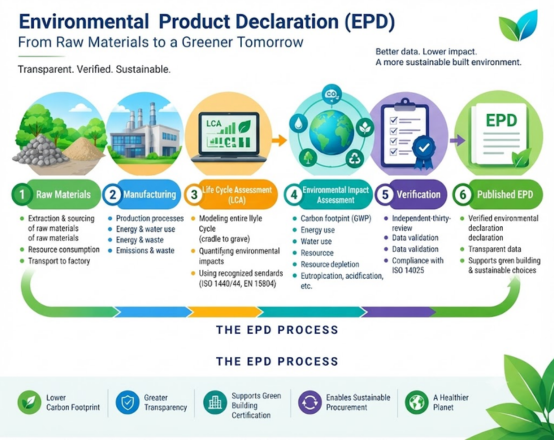 A green product sample with material specs and EPD declaration checklist indicators
