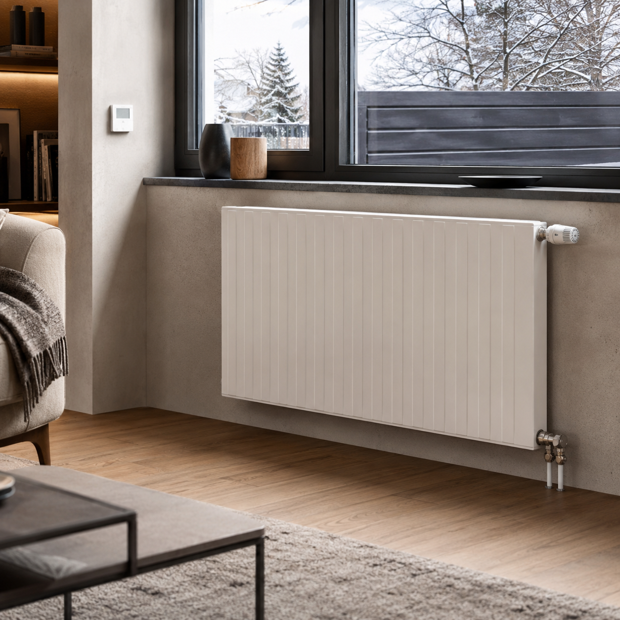 Modern architectural steel panel radiator with thermostatic valve